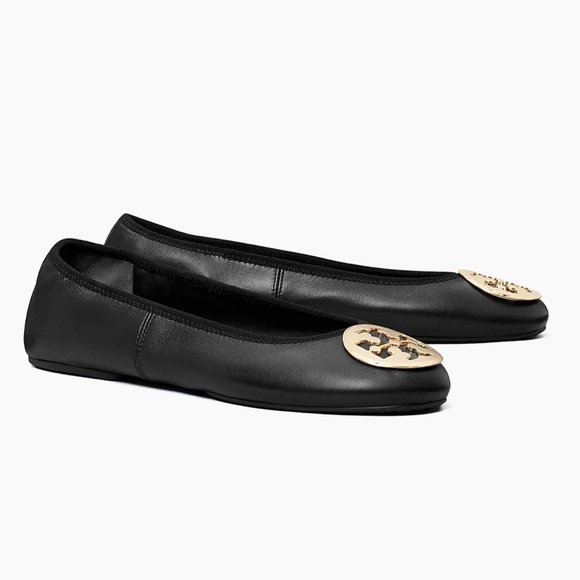 Tory Burch Shoes - Tory Burch Reva Travel Ballet Flats Leather Gold Logo Perfect Black Women’s 8.5